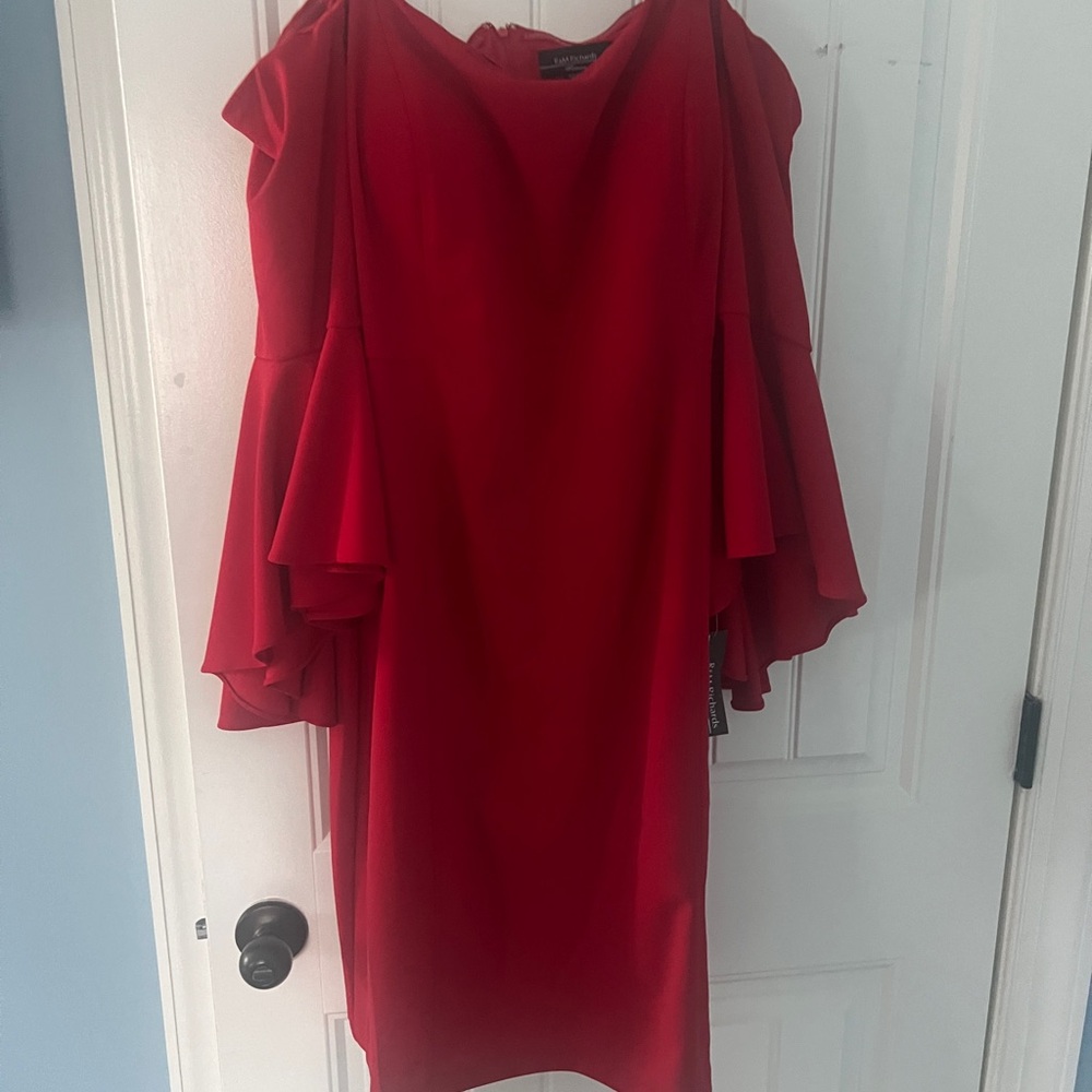 R & M Richards Red Sheath Dress with Off-the-Shoulder Bell Sleeves